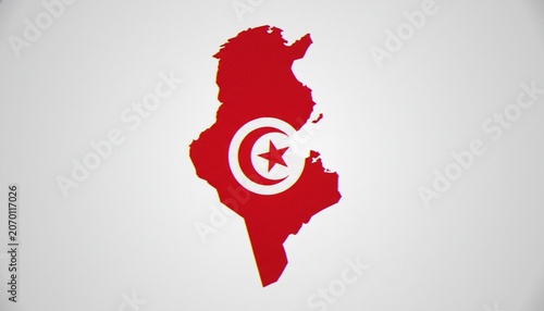 Tableau sur toile A flat map of Tunisia filled with the national flag, featuring a white circle containing a red star and crescent moon against a plain white background