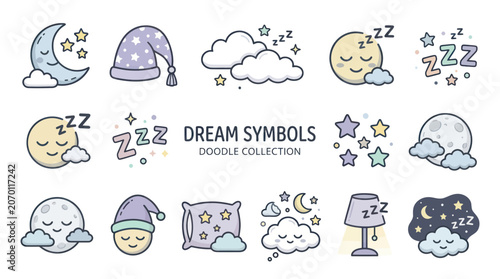 Bild auf Leinwand Dream Symbols Doodle Collection: Moon, Stars, Clouds, Pillow, Nightcap, Lamp