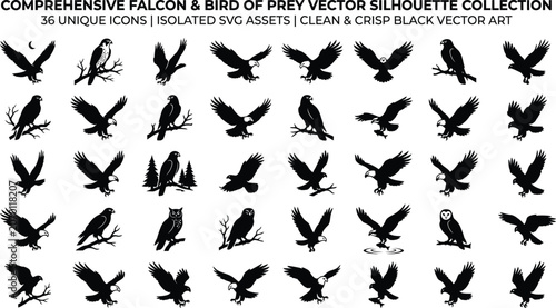 Schilderij op canvas Comprehensive falcon, bird of prey vector silhouette collection, 36 unique icons
