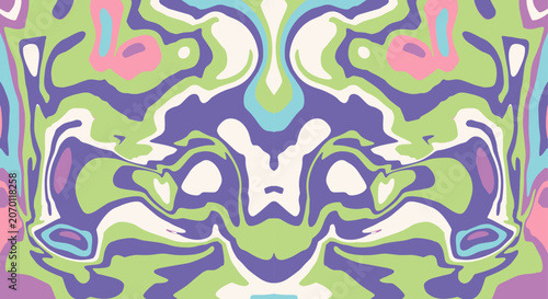 Psychedelic Abstract Face Trippy Pastel Swirl Pattern with Mirror Symmetry in Green Purple and Blue. Illustration Vector