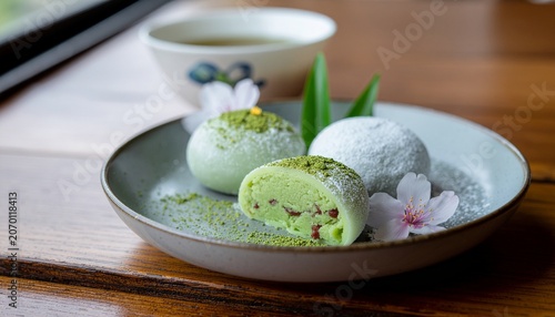 Japanese matcha mochi with red bean filling on a ceramic plate