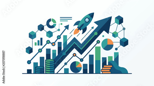 A rocket ship blasts off amidst a colorful array of graphs, charts, and financial symbols