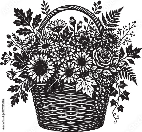 Black and White Floral Arrangement in Woven Basket Illustration,Generative Ai