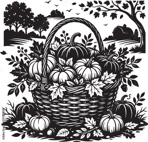 Overflowing Harvest Basket Filled with Pumpkins and Autumn Leaves in a Rural Landscape,Generative Ai