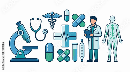 A medical illustration featuring a doctor, medical tools, and human anatomy