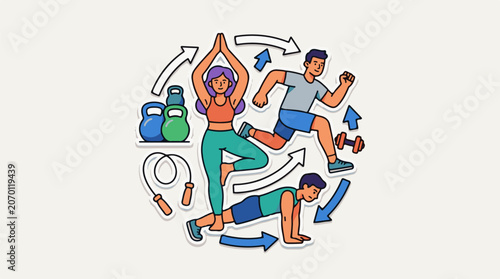 Cartoon-style illustration of people exercising with fitness equipment