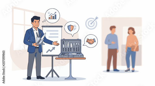 A man in a blue suit presents to two colleagues with a whiteboard and kitchen utensils
