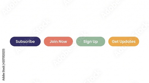 Set of colorful call to action buttons for web design, including subscribe, join now, sign up, and get updates