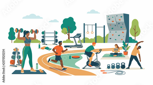 A group of people engaging in various outdoor exercises in a park