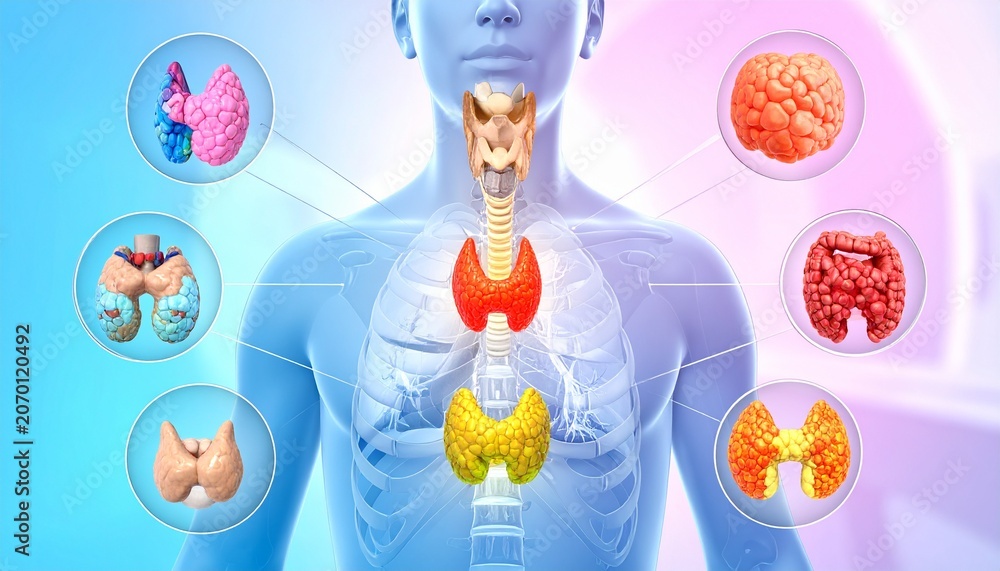 Naklejka premium Endocrine system diagram highlights the thyroid gland and various hormonal organs within a translucent human torso.