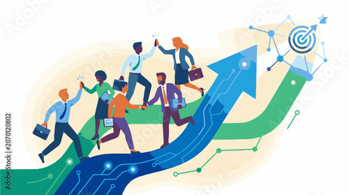 A diverse group of businesspeople climbing up a winding arrow path