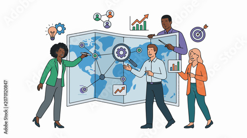 A diverse group of business professionals engaged in global planning with a large map