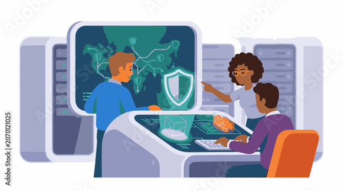 A team collaborates on computer security