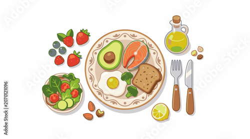 A vibrant digital illustration of a healthy meal consisting of avocado, salmon, egg, toast, salad, fruits, nuts, and oil