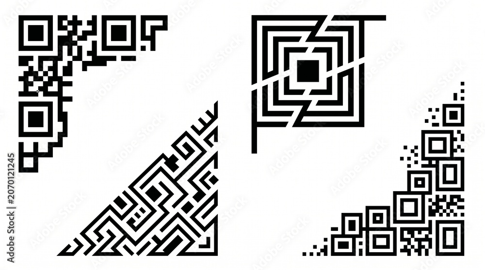 Fototapeta premium Set of abstract vector corner frames with a modern geometric design, inspired by digital patterns and contemporary aesthetics, perfect for graphic design projects and decorative borders