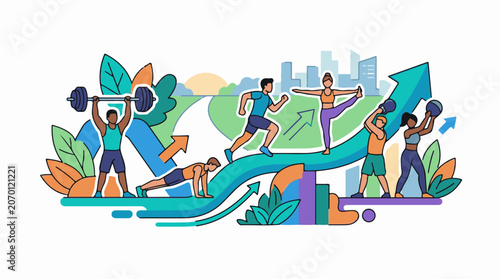 A vibrant illustration of people exercising outdoors with arrows and plants