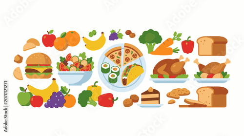 A vibrant illustration of various food items arranged in a horizontal row on a white background
