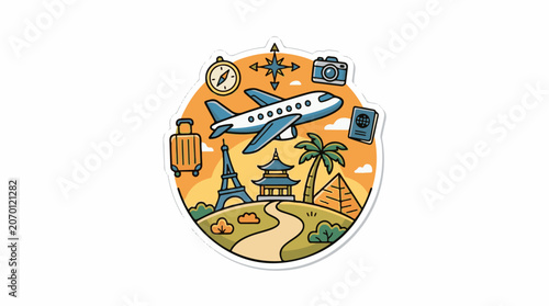 A vibrant travel-themed illustration featuring landmarks, a plane, and travel accessories