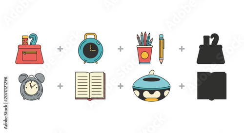 Math addition game for kids with school supplies and silhouettes