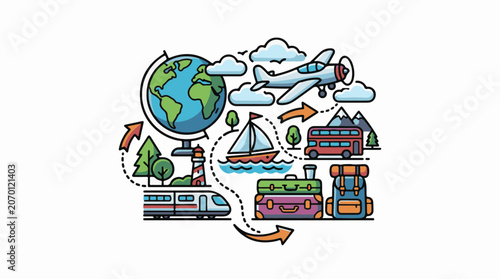 A colorful illustration of various travel-related icons and modes of transportation