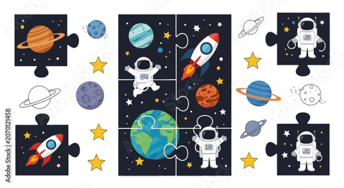 Space explorer puzzle set with astronauts and rockets