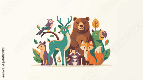 A colorful illustration of various animals, including a bear, deer, and bird