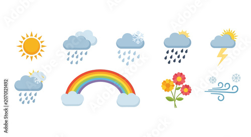 Weather forecast symbols with rain sun rainbow and floral icons