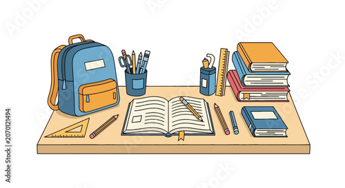 Organized student desk with backpack books and stationery