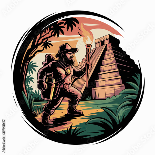 Explorer with torch near ancient pyramid ruins.