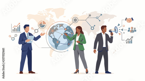 Business professionals interact with global network and data