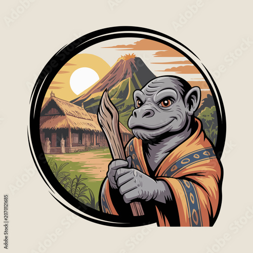 Fantasy creature holding stick with sunset background.