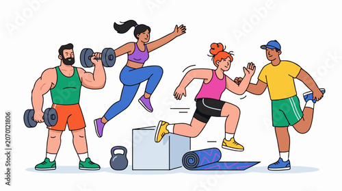 A colorful illustration of four people engaging in various fitness activities (13)
