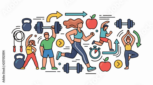 A colorful illustration of people exercising with gym equipment and healthy food