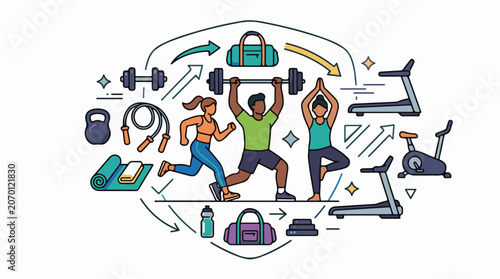 A colorful illustration of people exercising with fitness equipment (5)