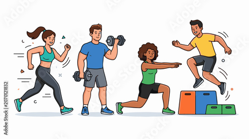 A colorful illustration of four people engaging in various exercises (1)