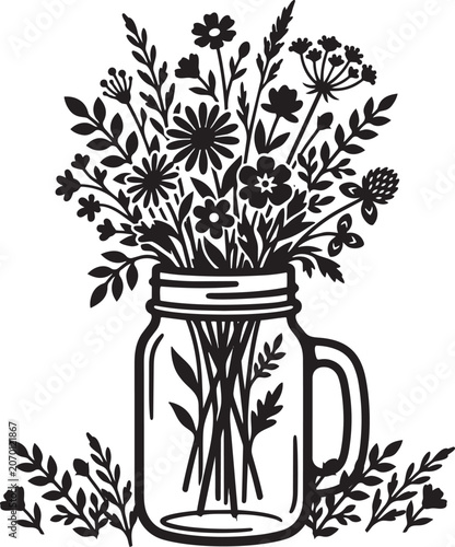 Wildflowers in a Mason Jar Illustration,Generative Ai