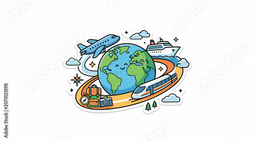 A colorful illustration of a smiling globe surrounded by transportation modes and travel gear