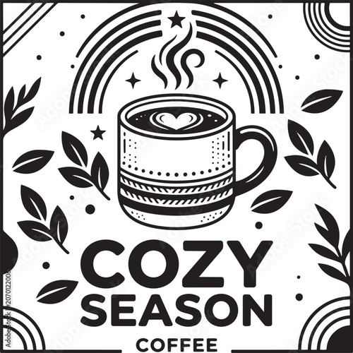 Cozy Coffee Cup Illustration with Steam and Autumn Leaves in Monochrome Vector Design,Generative Ai