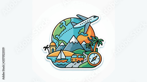 A colorful illustration of a globe with a plane flying over it surrounded by a compass, palm trees, a sailboat, and a van driving on a road