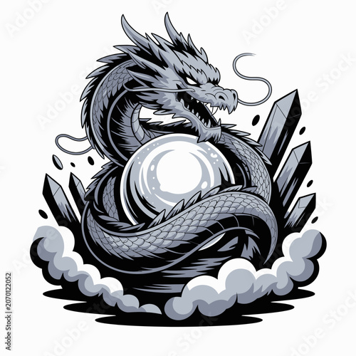 Mythical Dragon Illustration with Crystal and Clouds.