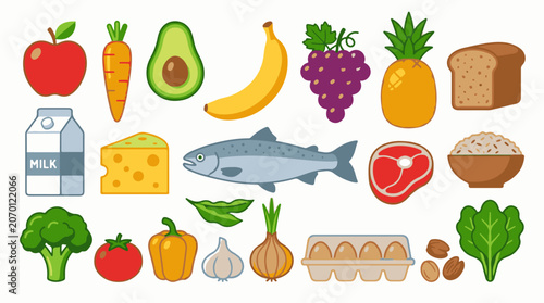 A colorful digital illustration of various food items on a white background (1)