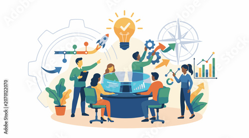 A colorful illustration of a diverse group of people collaborating around a table with various business and productivity symbols