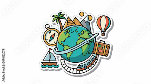 A colorful illustration of a globe surrounded by travel-related icons (5)