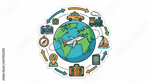 A colorful illustration of a globe surrounded by travel-related icons (2)