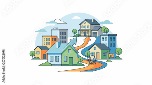 Colorful illustration of a suburban neighborhood with a winding road