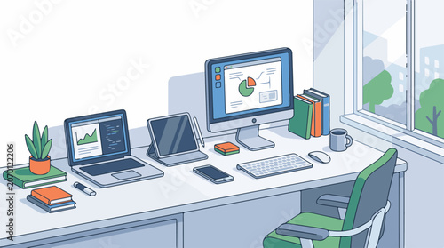 A cluttered office desk with multiple computers and office supplies