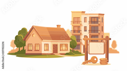 A cartoon-style illustration of a house and apartment building with a sign and key