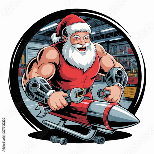 Santa Claus riding a missile with wrenches.