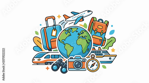 Colorful travel-related icons surrounded globe with transportation, luggage, camera
