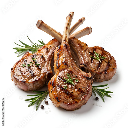 Create a premium ultra-photorealistic food photography image featuring perfectly grilled gourmet lamb chops isolated on a seamless pure white background